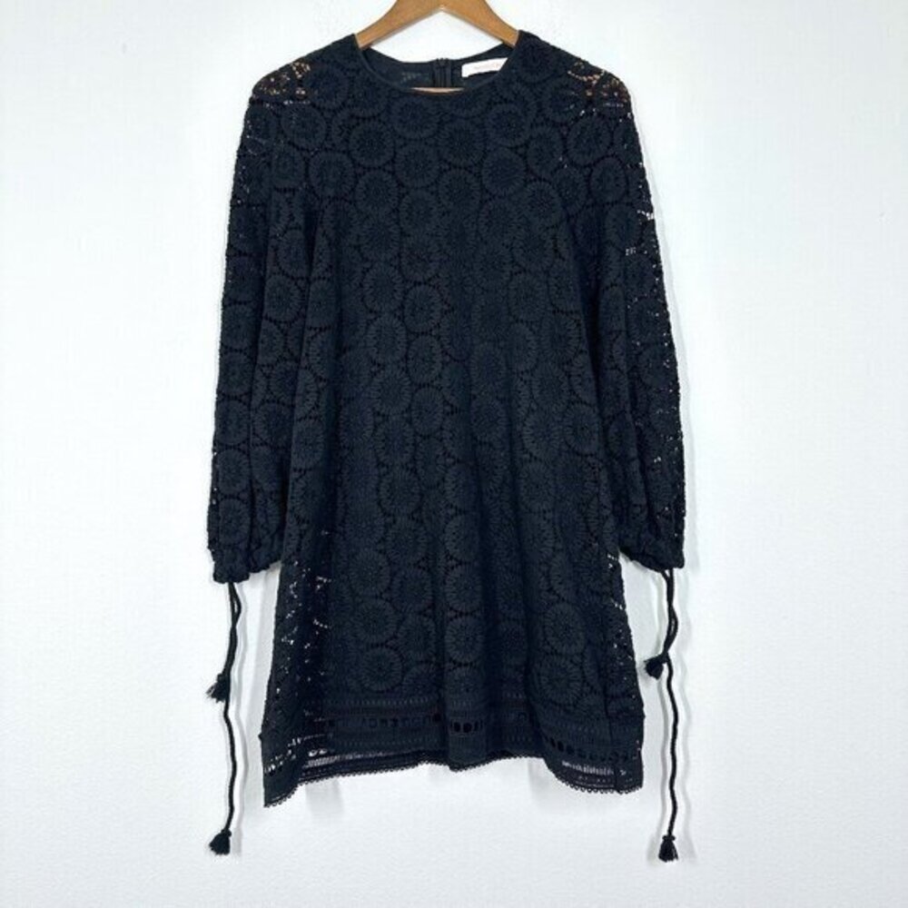 See By Chloe Black Boho Crochet Mini Dress Ballon Sleeve Vacation‎ Party Resort